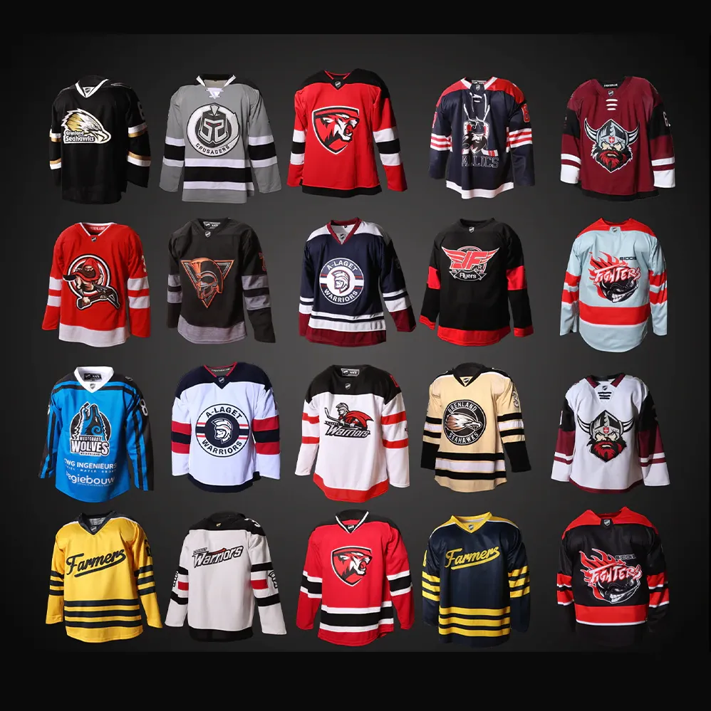A line-up of custom hockey jerseys