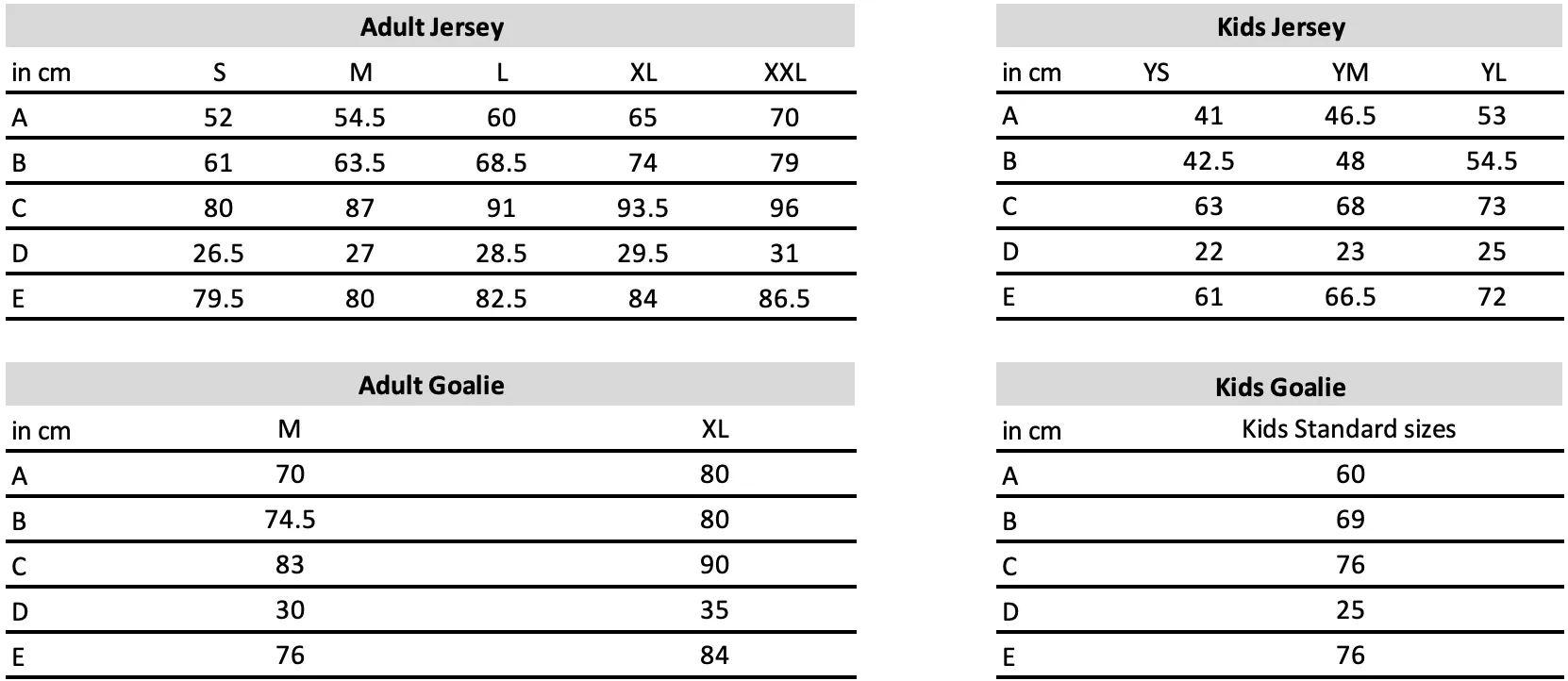 Jersey sizes